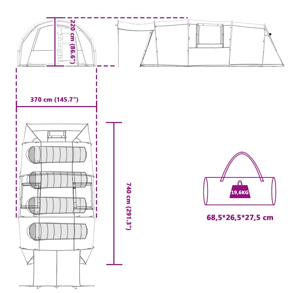 Tunelski šator za 4 osobe Zelena i bijela 740 x 370 x 220 cm