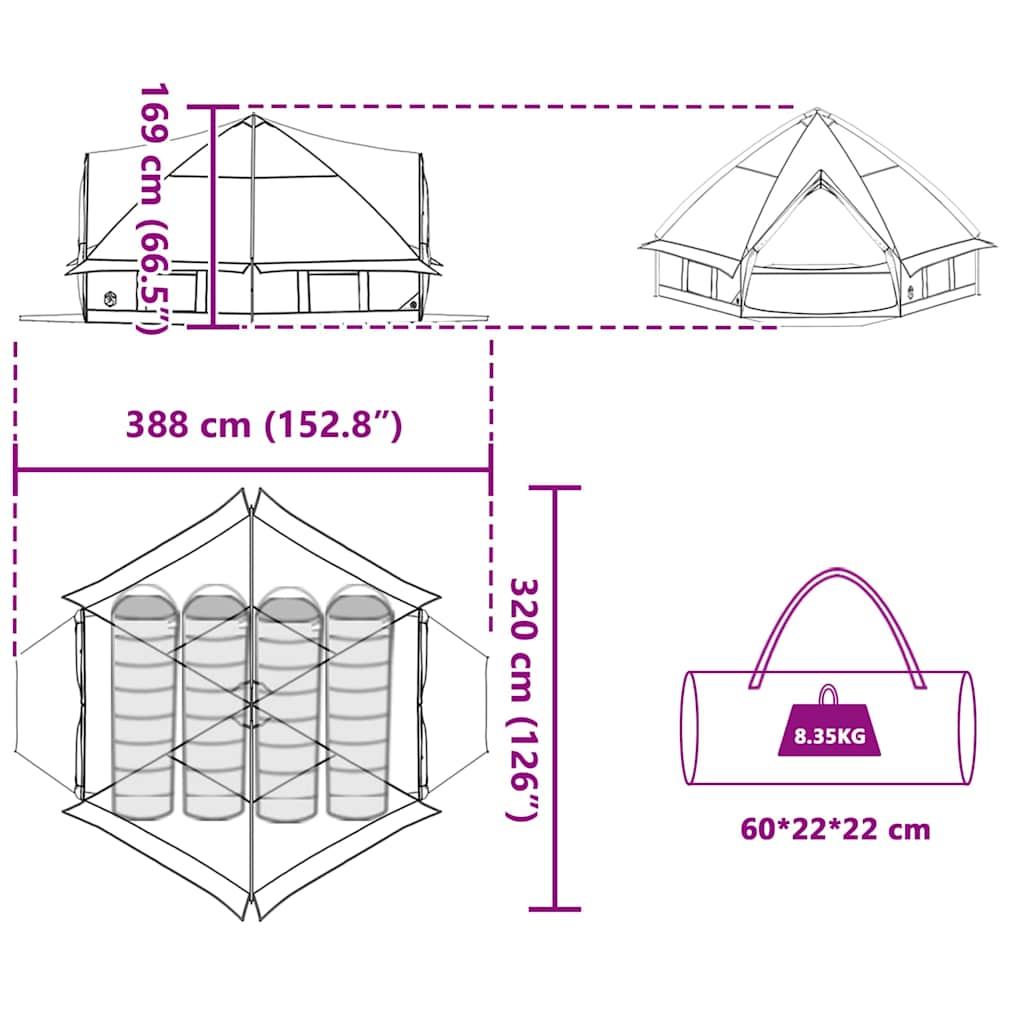 Teepee šator za 4 osobe Siva i narančasta 388 x 320 x 169 cm