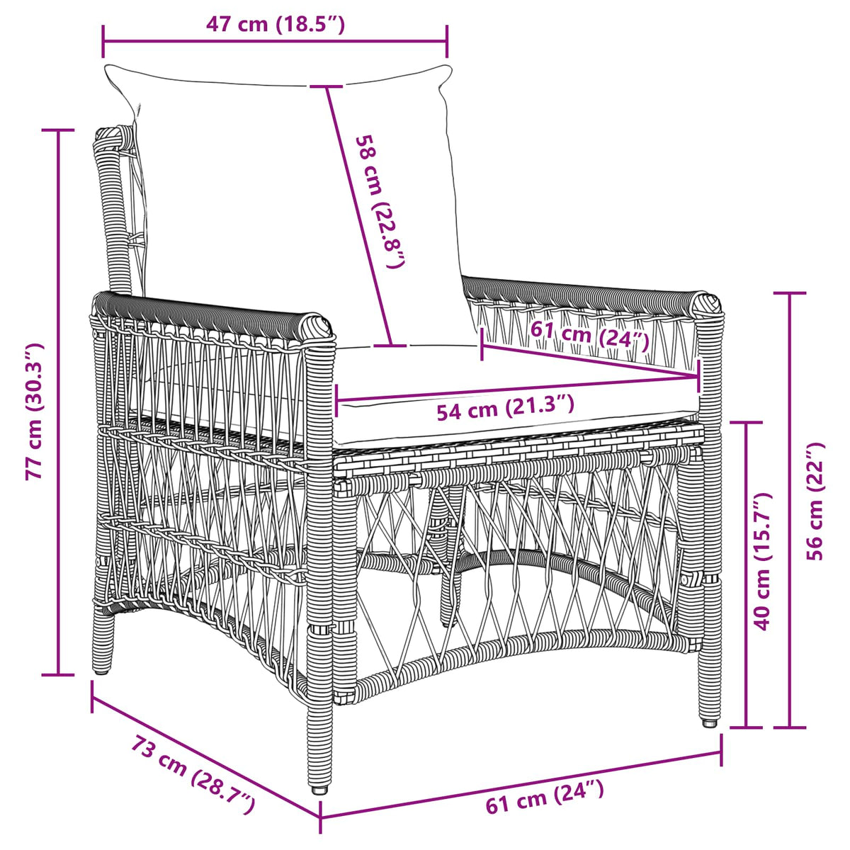 Vrtna stolica s jastukom Crna 73 x 61 x 77 cm poliratan