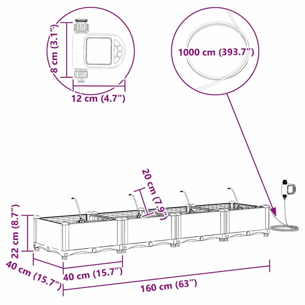 Vrtna saksija 4 pcs Crna 160 x 40 x 22 cm Plastika