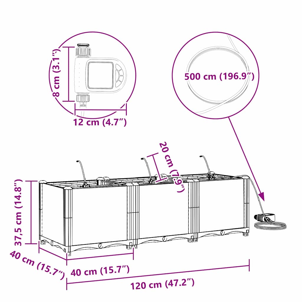 Vrtna saksija 3 pcs Crna 120 x 40 x 37,5 cm Plastika
