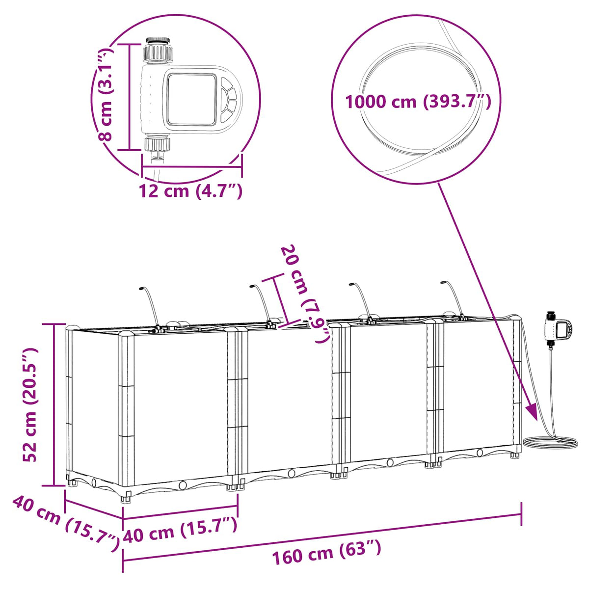 Vrtna saksija 4 pcs Sivi 160 x 40 x 52 cm Plastika