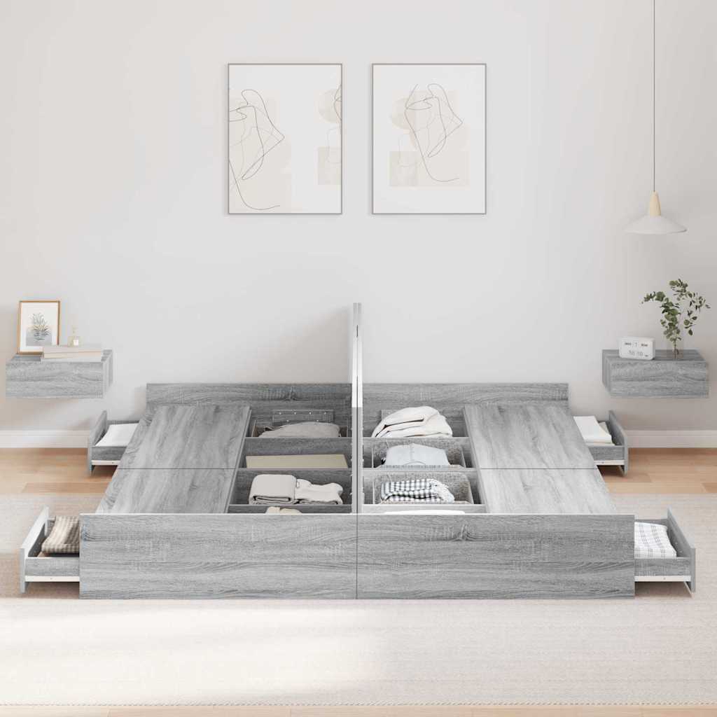 Krevet s ladicama Siva Sonoma 200 x 200 cm Konstruirano drvo