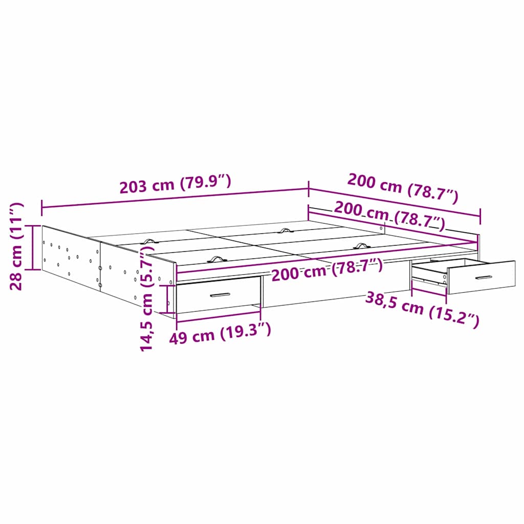 Krevet s ladicama Siva Sonoma 200 x 200 cm Konstruirano drvo