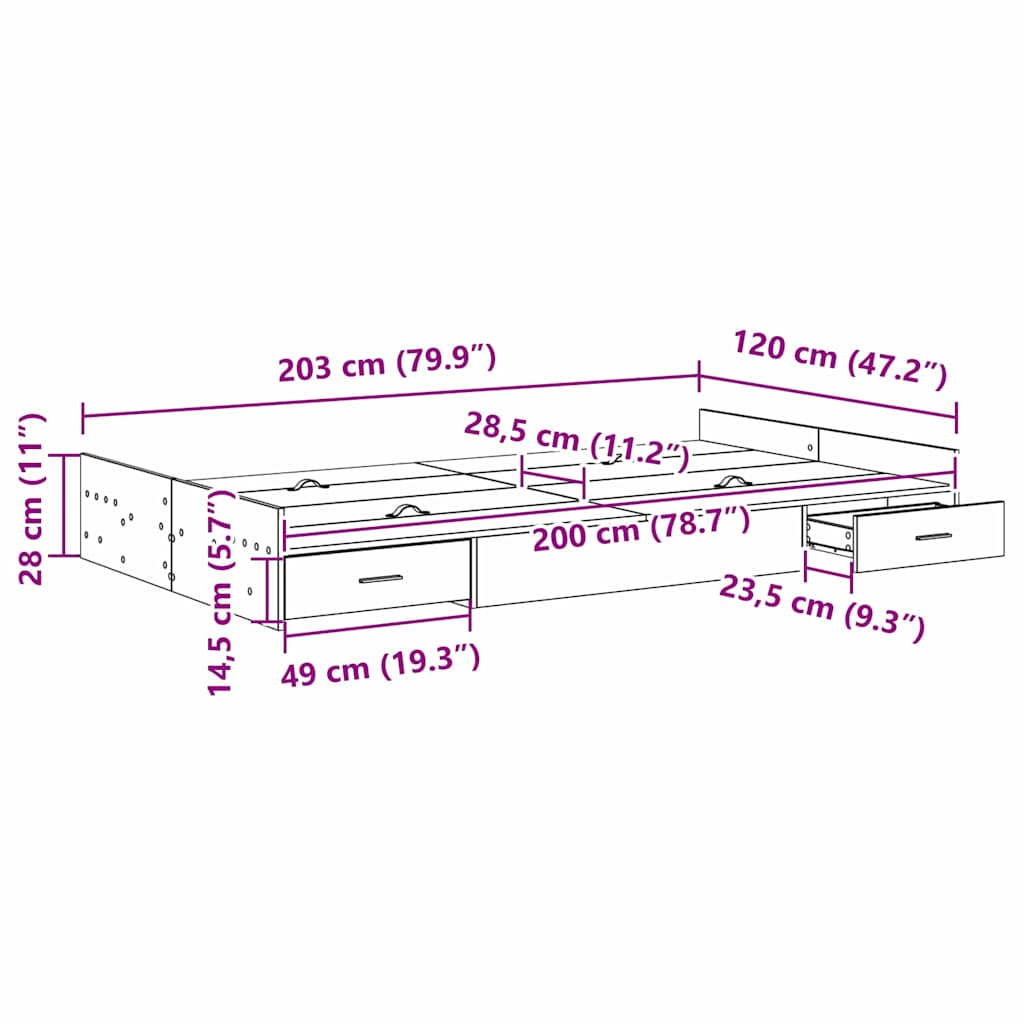 Krevet s ladicama Crni hrast 120 x 200 cm Konstruirano drvo