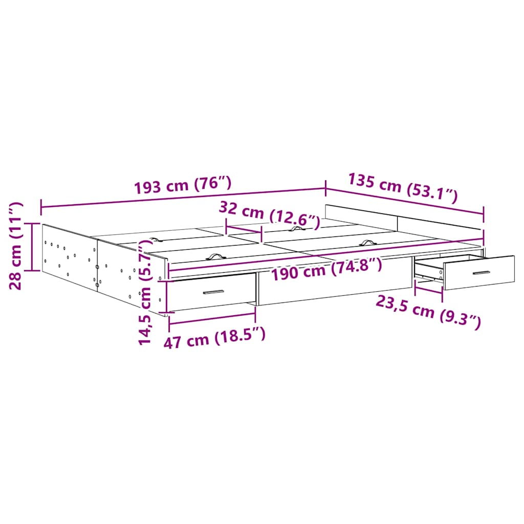 Krevet s ladicama Betonski sivi 135 x 190 cm Konstruirano drvo