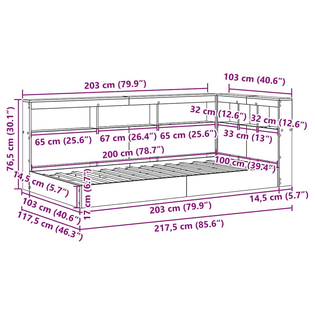 Krevet s policama s uzglavljem Sivi hrast sonoma 100 x 200 cm