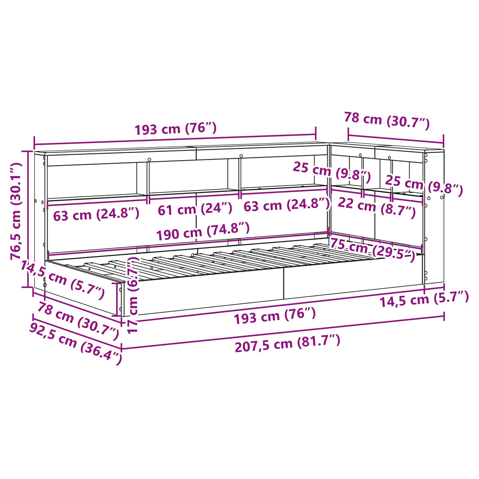 Krevet s policama Sonoma hrast 75 x 190 cm Konstruirano drvo