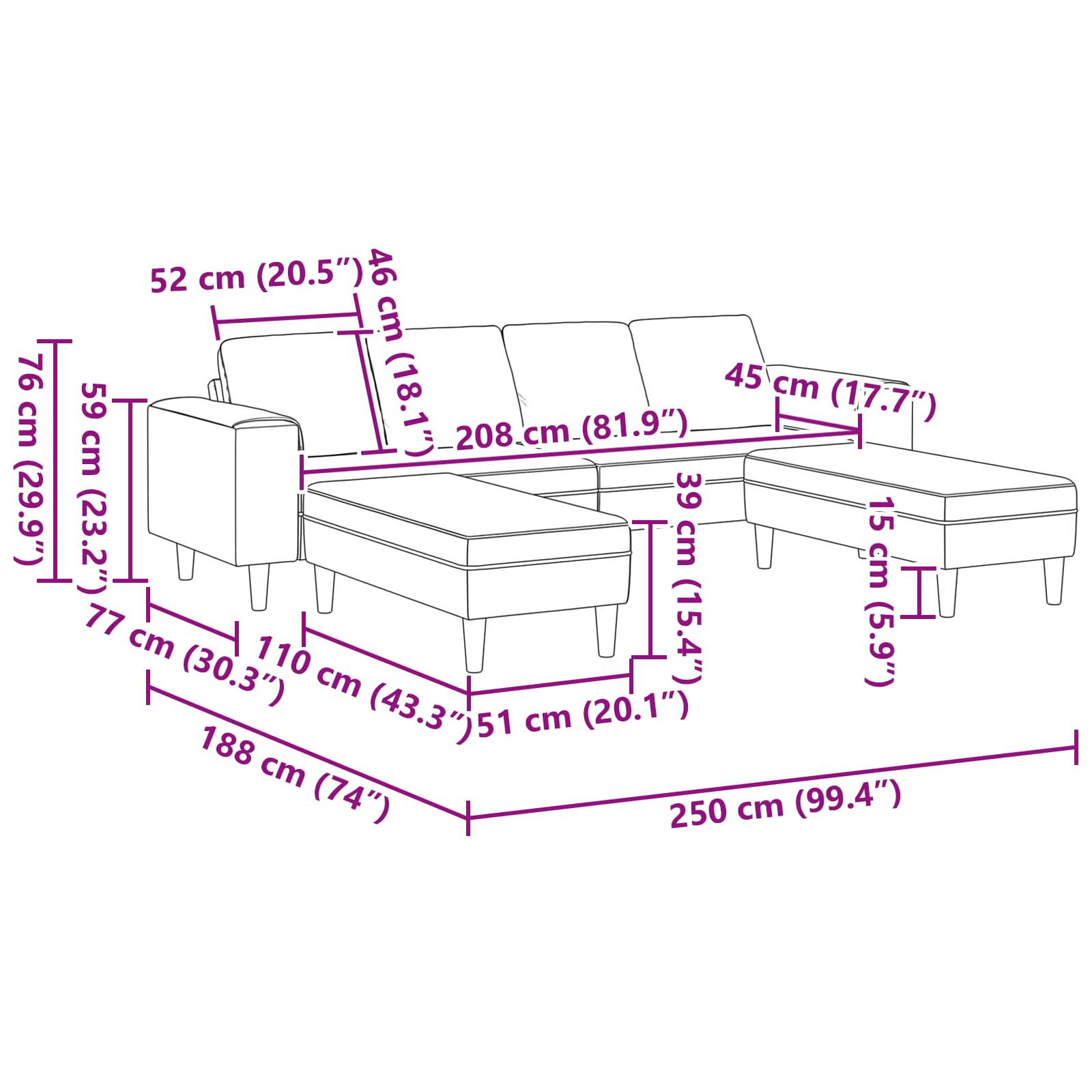 Sofa Crvena narančasta 250 x 188 x 76 cm Kordura tekstil
