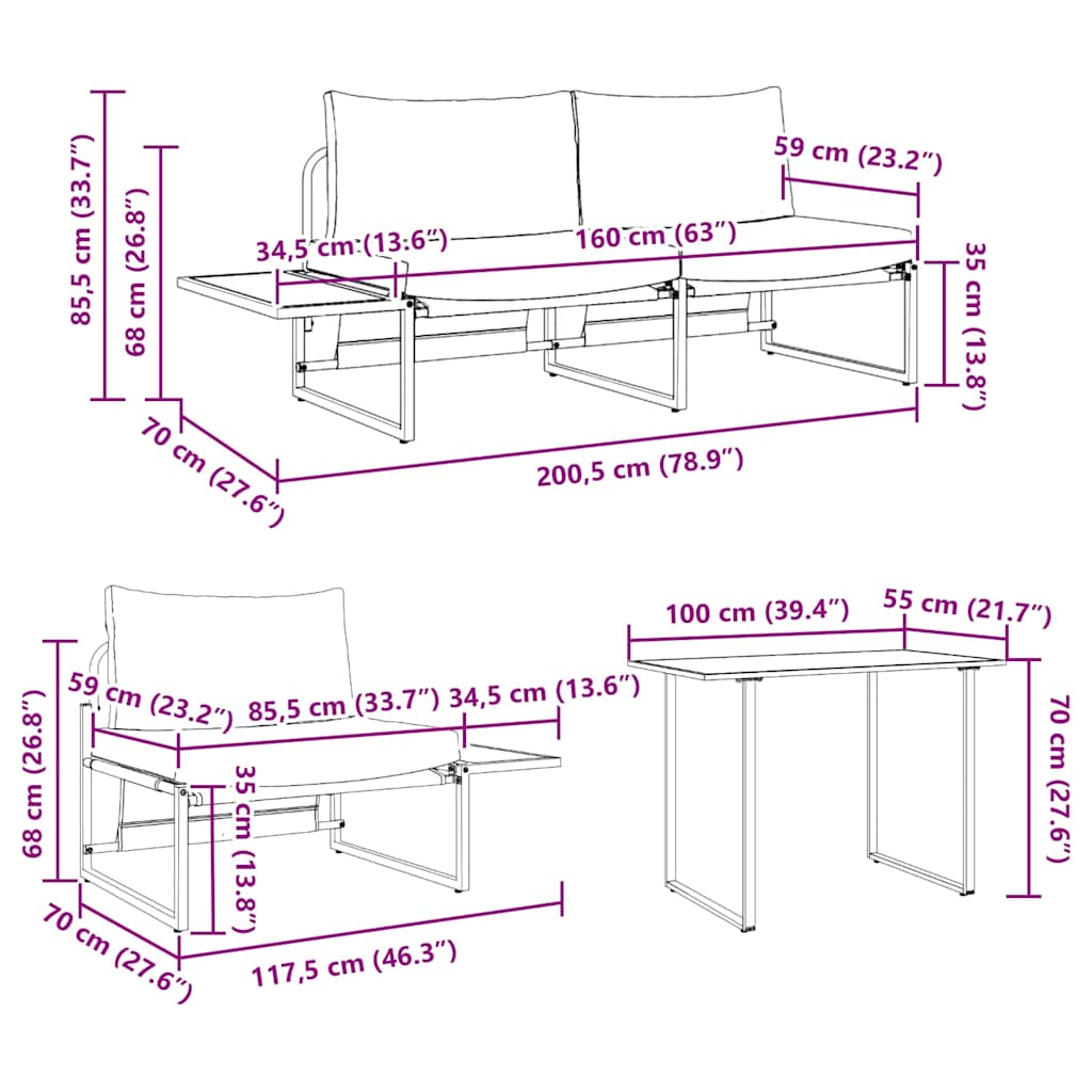 Vrtni set za objed 3 pcs Svijetlo siva Čelik