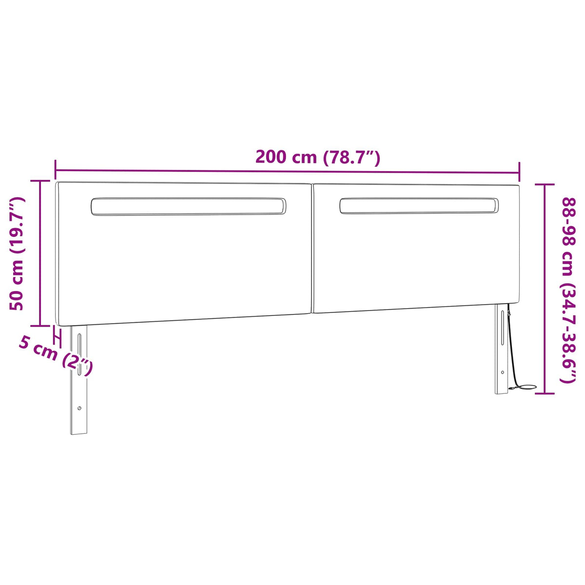 LED glava kreveta Crna 200 cm Lažna koža