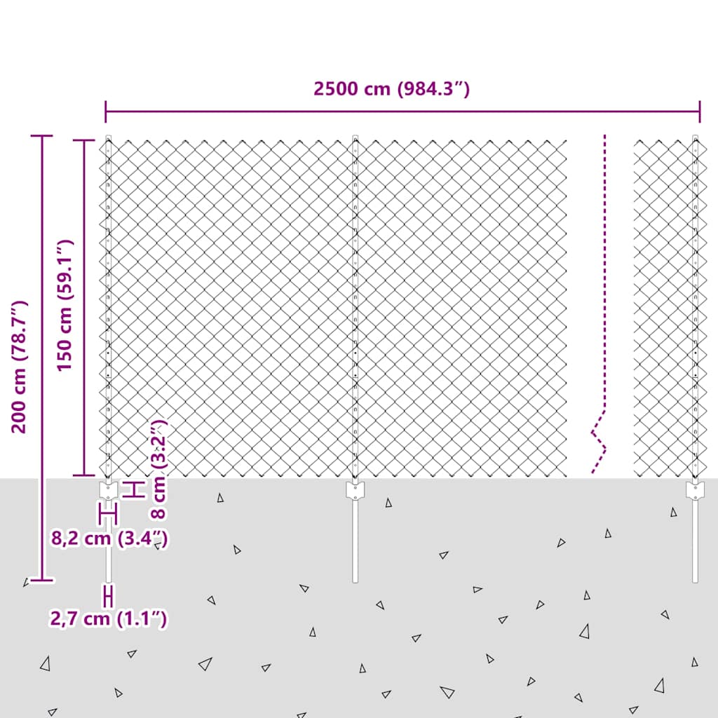 Ograda od lančanih veza s postom 25 x 1,5 m (Š x V)
