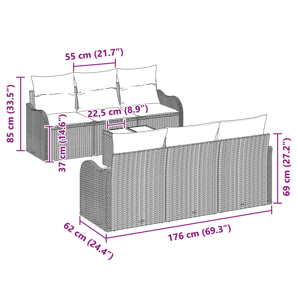 Sjedeća garnitura za vrt Siva 55 x 55 x 37 cm poliratan