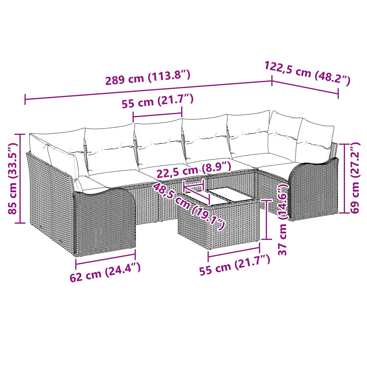 Set sofe 8 kom. 7-Broj sjedala Siva poliratan
