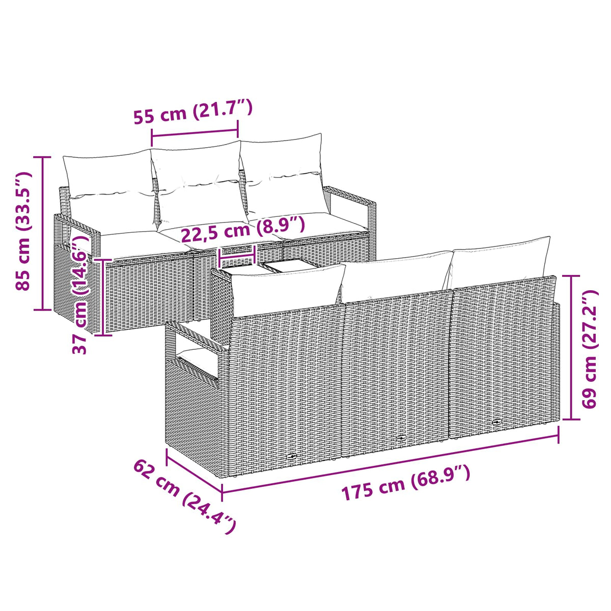 Set sofe s jastukom 7 pcs Crna i Tirkizna poliratan