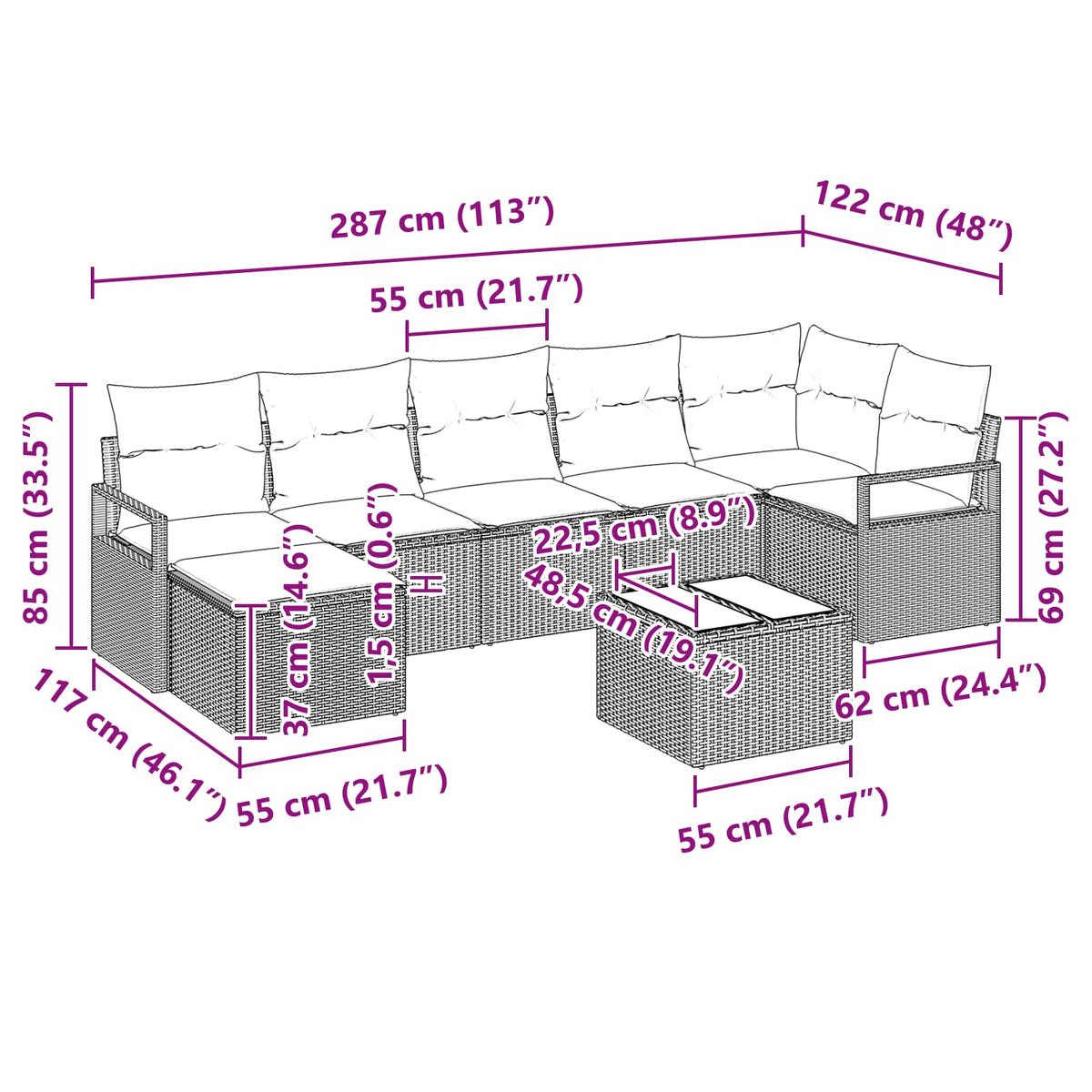Set sofe s jastukom 8 pcs Crna poliratan