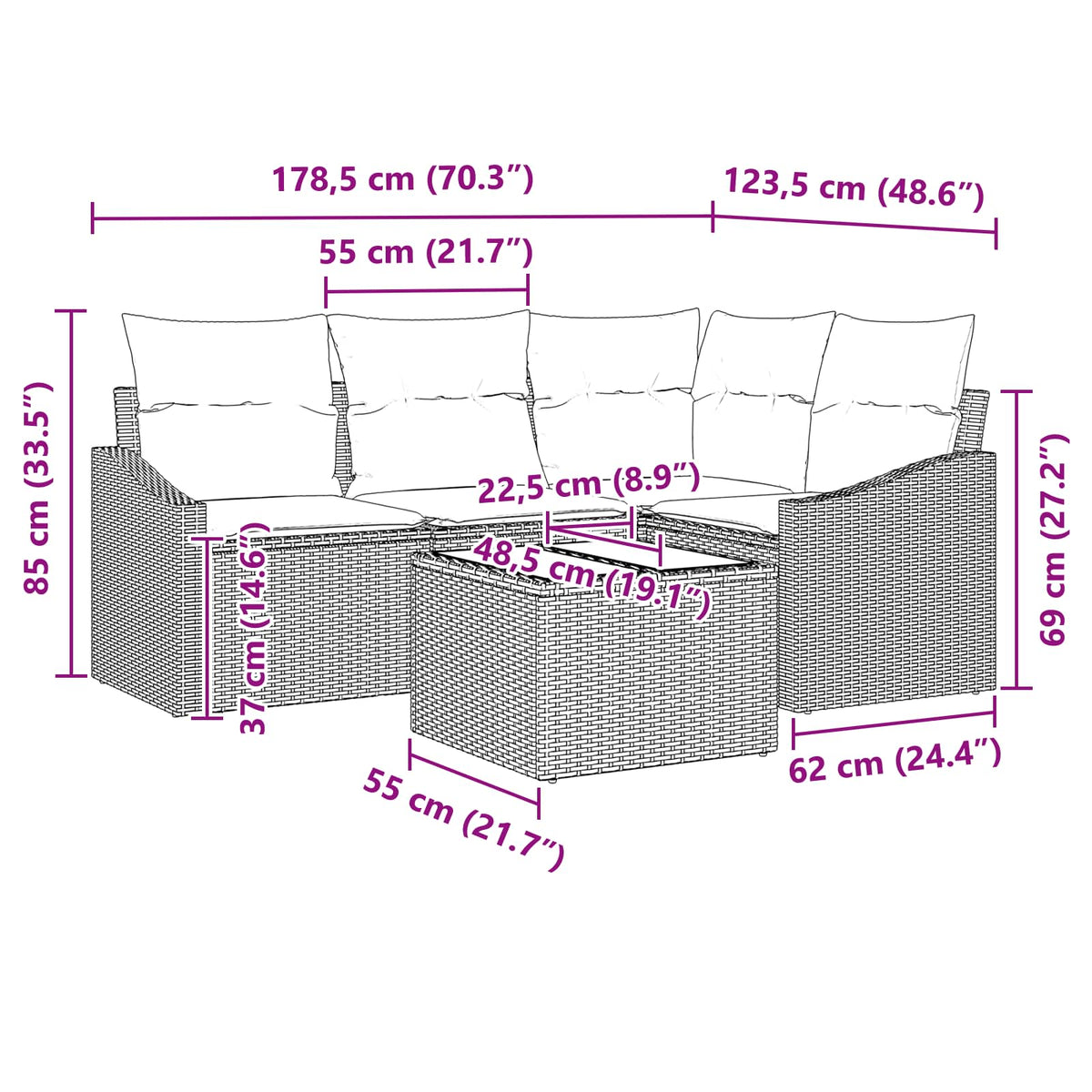 Set sofe 5 kom. Crna poliratan 178,5 x 123,5 x 85 cm
