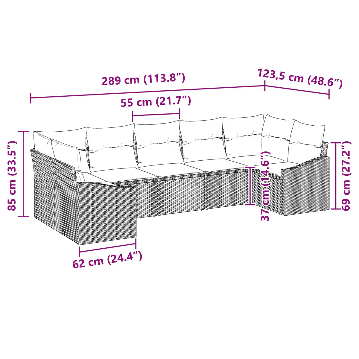 Set sofe 7 kom. Crna poliratan 289 x 123,5 x 85 cm