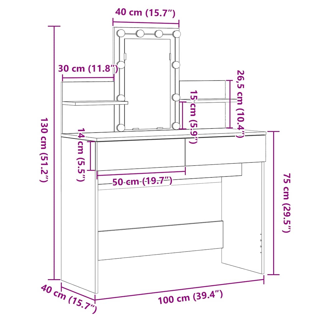 Toaletni stol Crni hrast 100 x 40 x 130 cm Konstruirano drvo