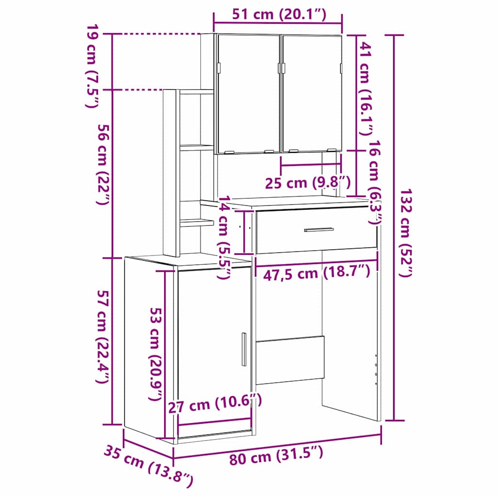 Toaletni stol Crni hrast 80 x 35 x 132 cm Konstruirano drvo