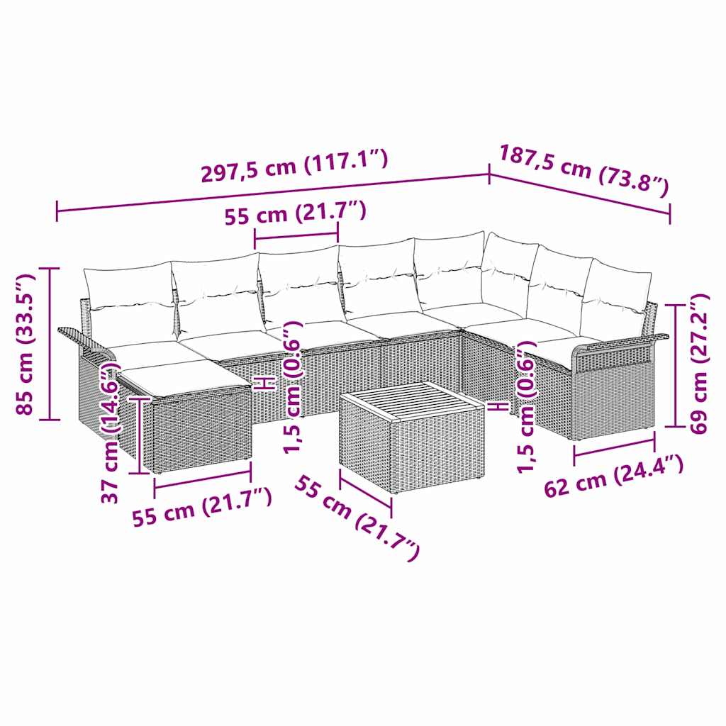 Sjedeća garnitura za vrt s jastukom 9 pcs Bež poliratan