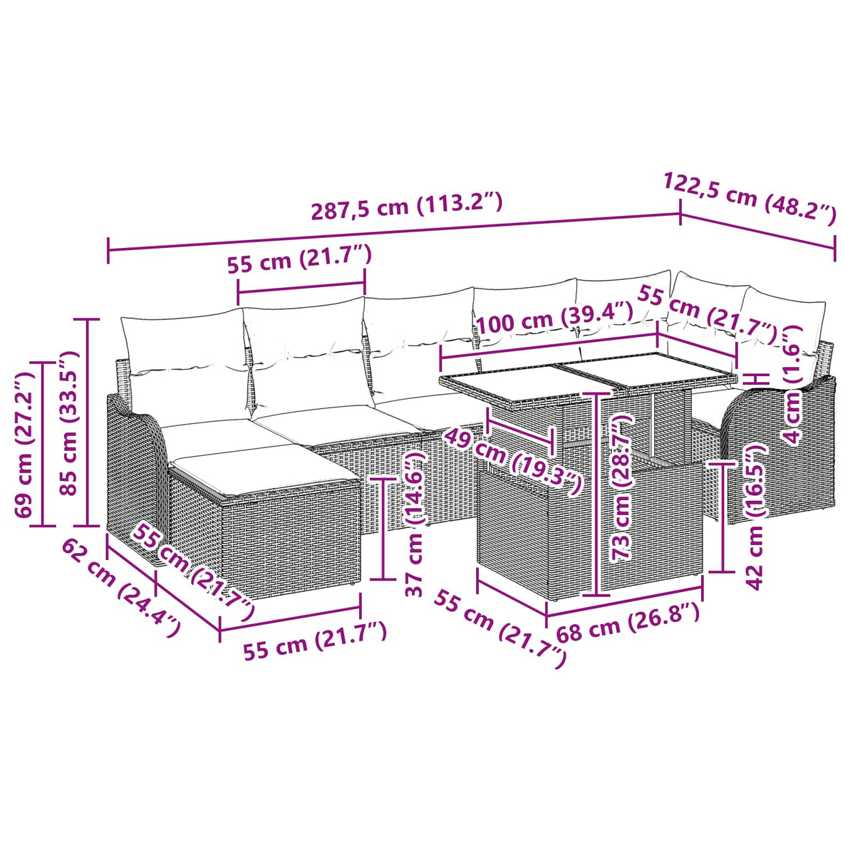 Sjedeća garnitura za vrt 8 kom. Smeđa Poli ratan 287,5 x 122,5 x 85 cm