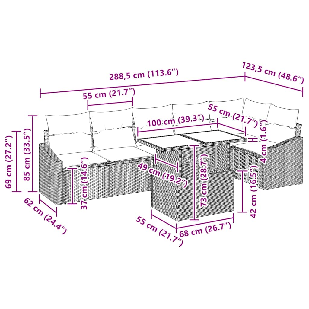 Sjedeća garnitura za vrt 7 kom. Svijetlo siva poliratan Svjetlosiva 288.5 x 123.5 x 85 cm