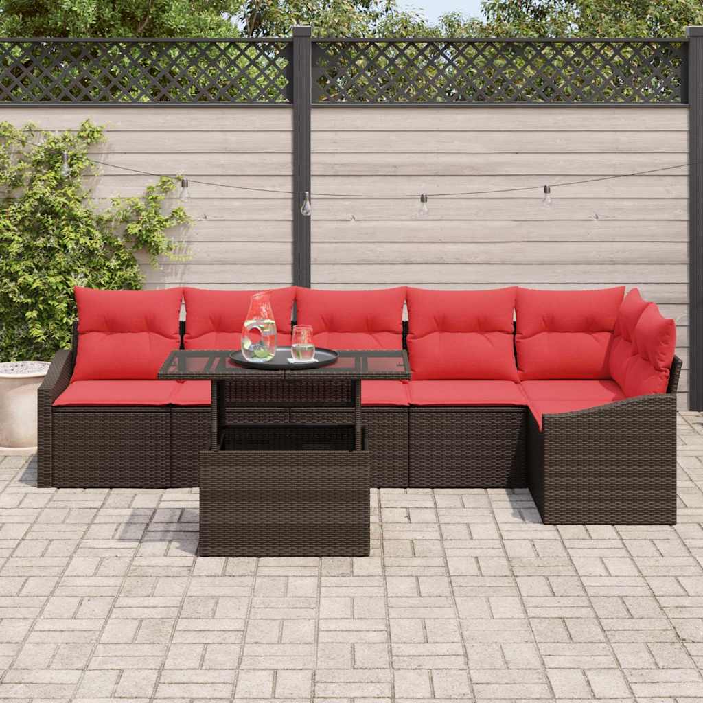 Sjedeća garnitura za vrt 7 kom. Smeđa i crvena poliratan 288.5 x 123.5 x 85 cm