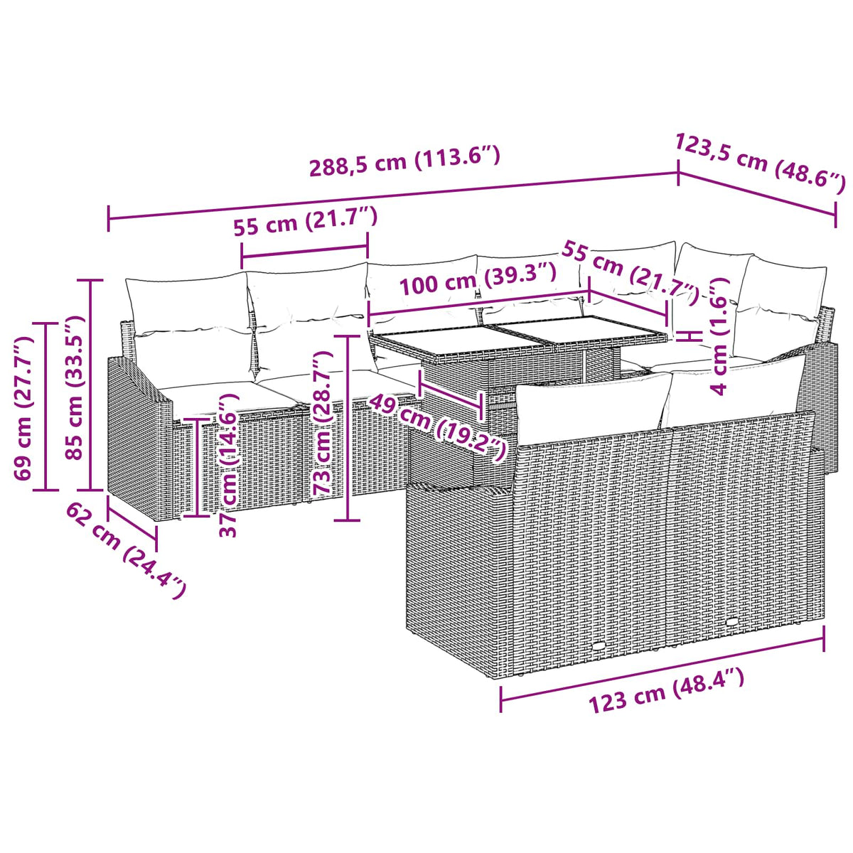 Sjedeća garnitura za vrt 9 kom. Smeđa i crvena poliratan 288.5 x 123.5 x 85 cm