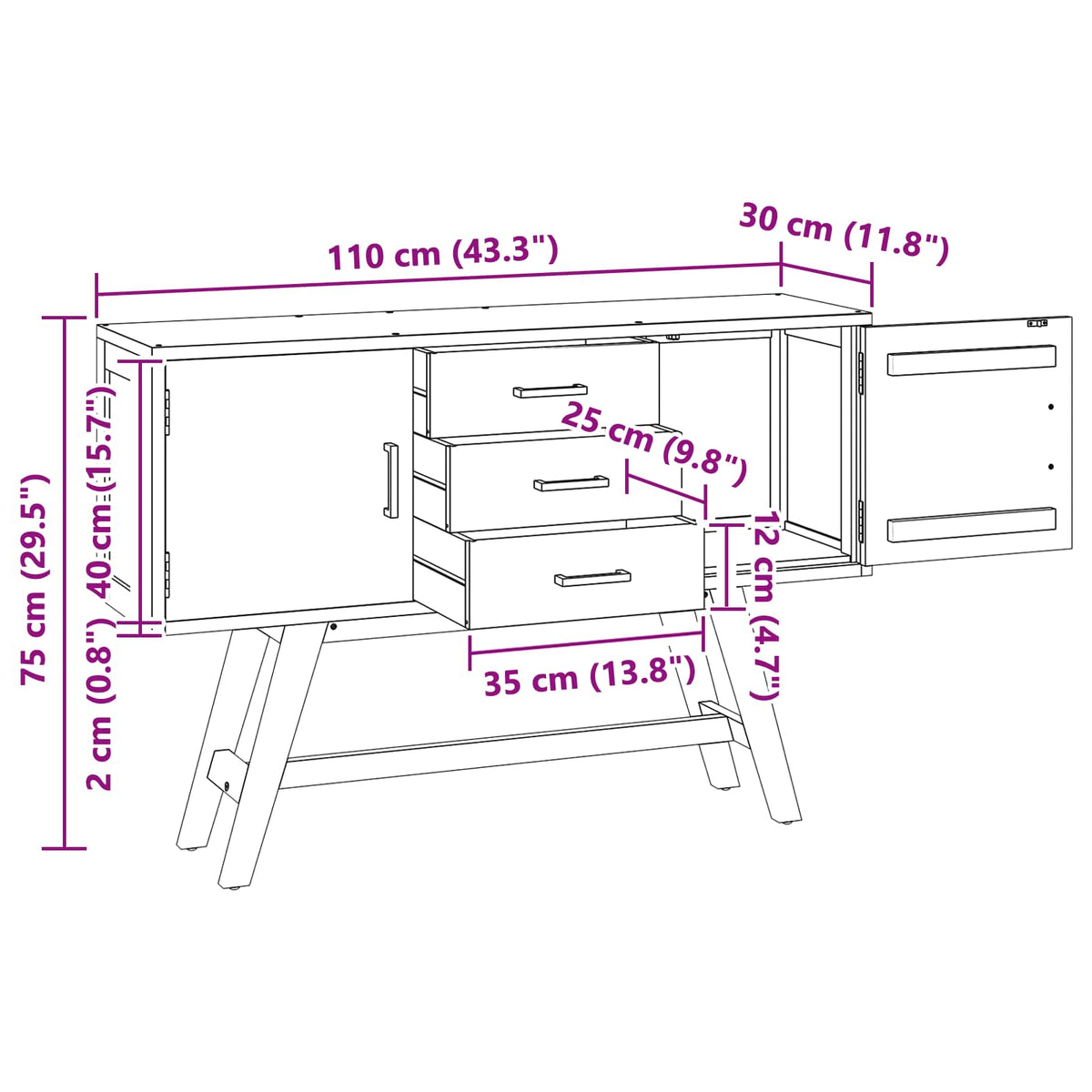 TV stalak s ladicama Prirodna 110 x 30 x 75 cm Čvrsto teak drvo