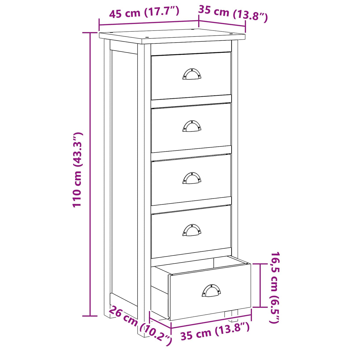 Komoda s ladicama Prirodna 45 x 35 x 110 cm Čvrsto teak drvo