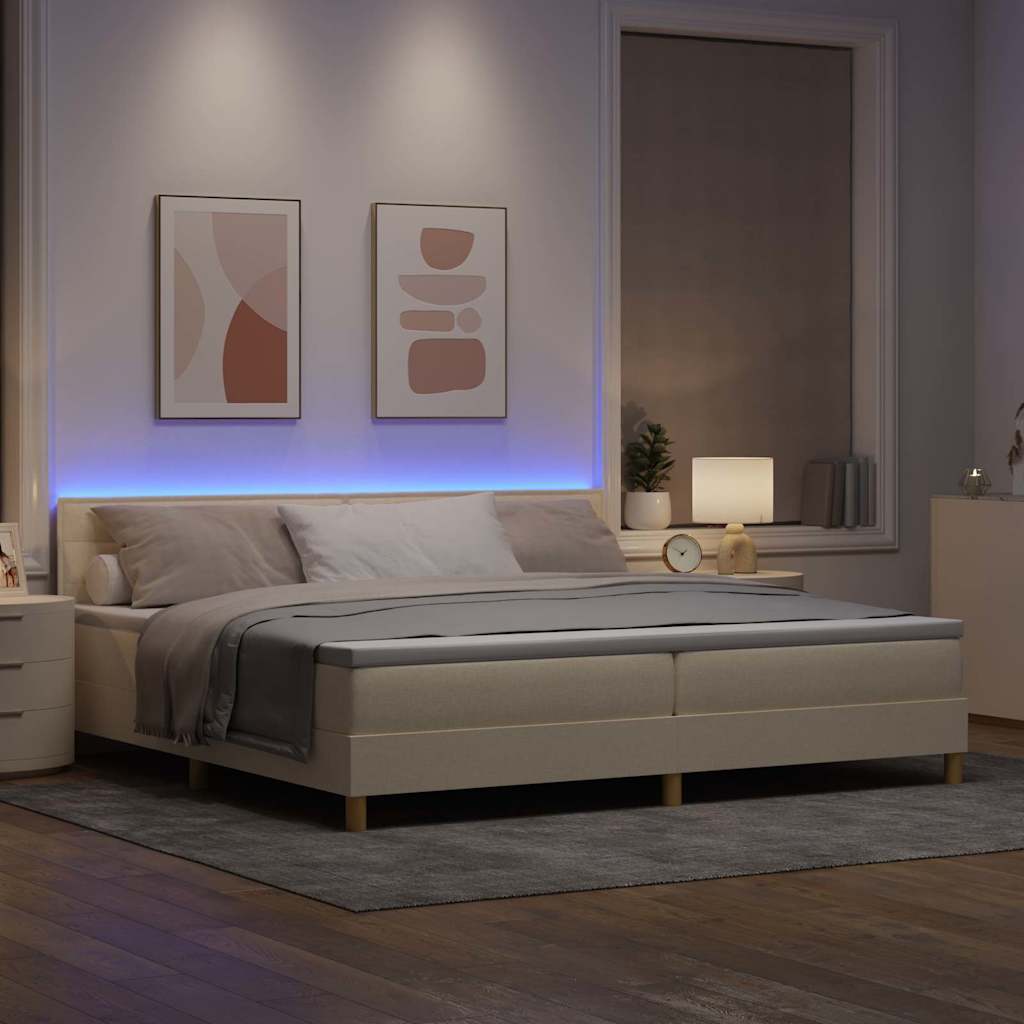 LED Box Spring Krevet s LED trakama Krema 200 x 200 cm tkanina