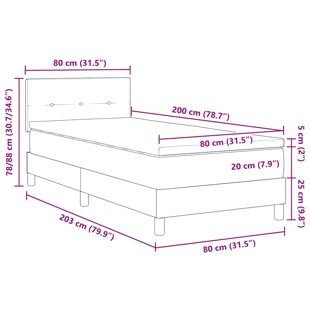 LED Box Spring Krevet s LED trakama Crna 80 x 200 cm tkanina