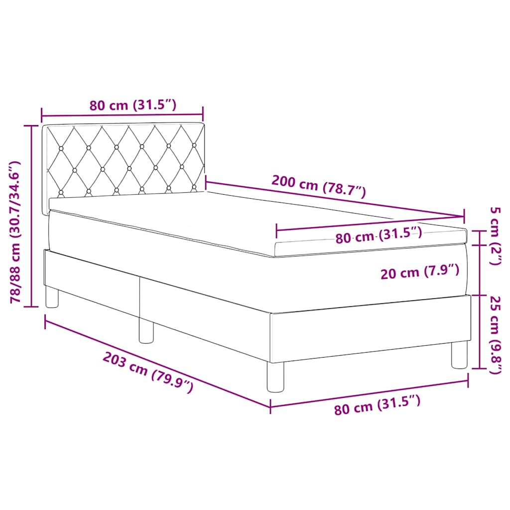 LED Box Spring Krevet s madracem Tamno siva 80 x 200 cm Baršun