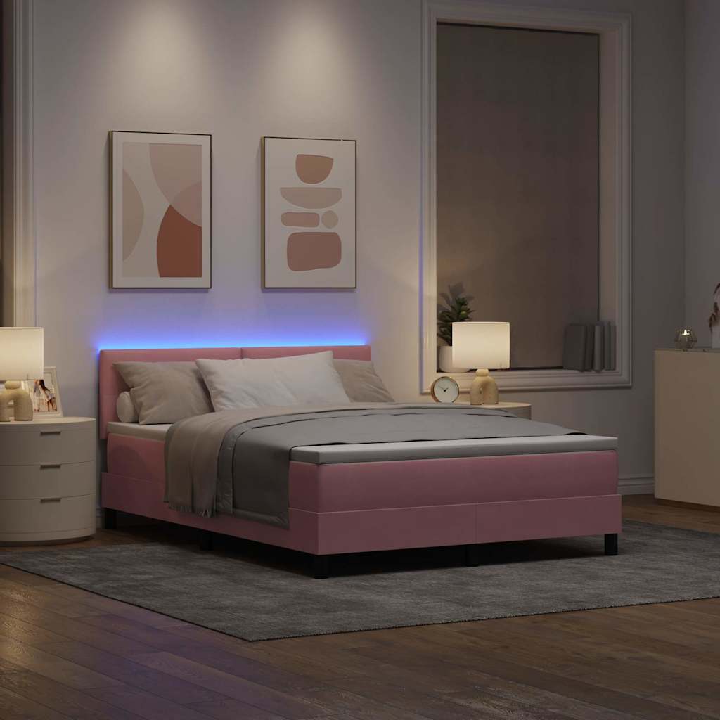 LED Box Spring Krevet s madracem Ružičasta 140 x 190 cm Baršun