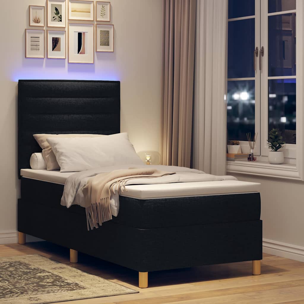 LED Box Spring Krevet s madracem Crna 80 x 200 cm tkanina
