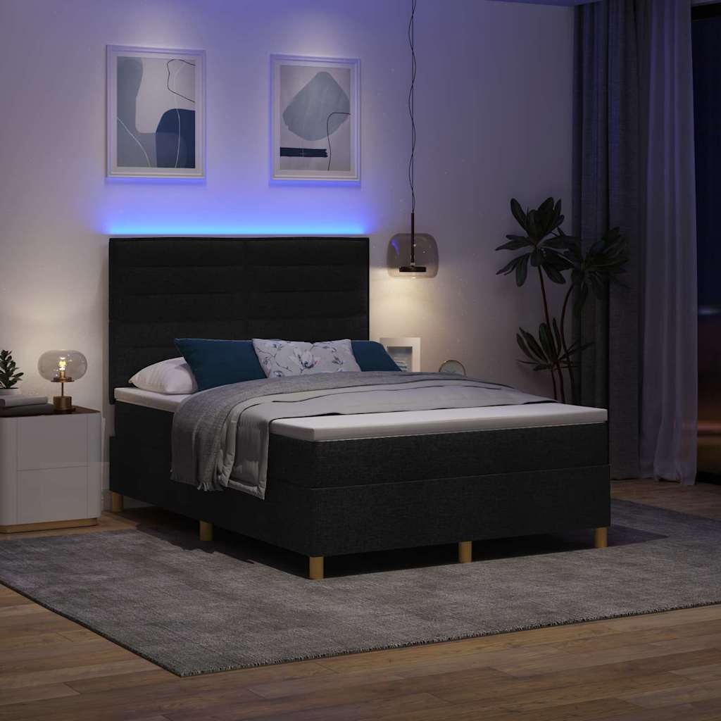 LED Box Spring Krevet s madracem Crna 140 x 190 cm tkanina
