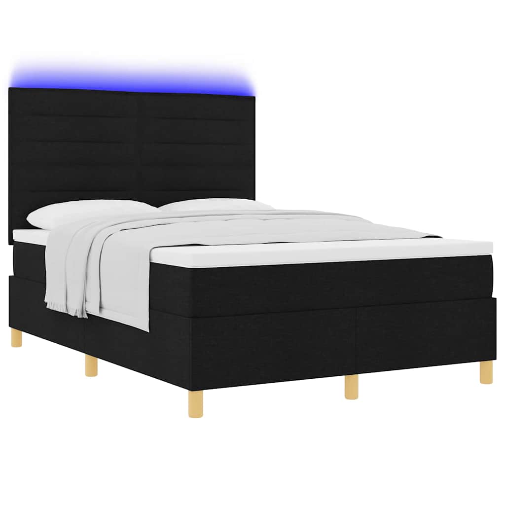 LED Box Spring Krevet s madracem Crna 140 x 190 cm tkanina