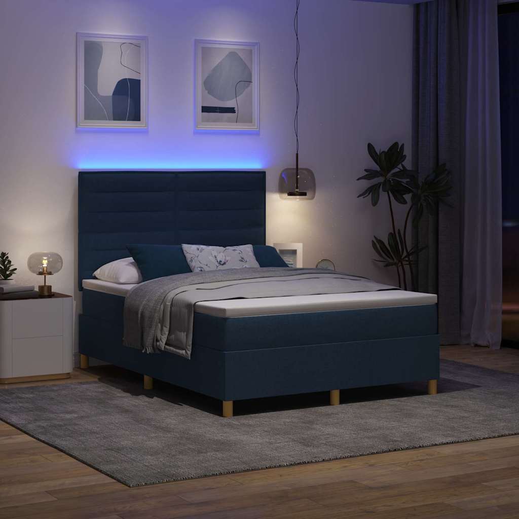 LED Box Spring Krevet s madracem Plava 140 x 200 cm tkanina