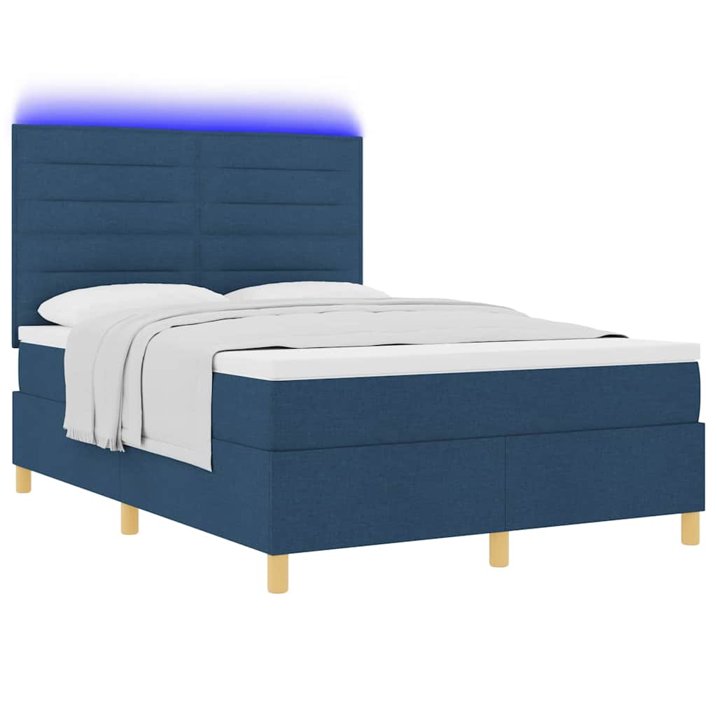 LED Box Spring Krevet s madracem Plava 140 x 200 cm tkanina