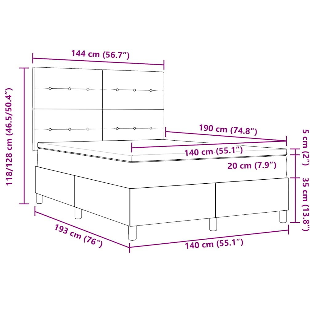 LED Box Spring Krevet Sivo-smeđa 140 x 190 cm tkanina