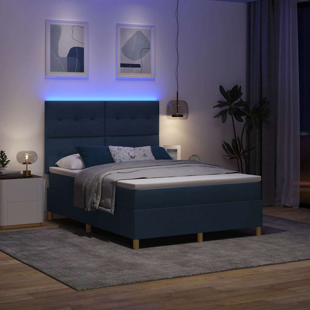 LED Box Spring Krevet s madracem Plava 140 x 190 cm tkanina