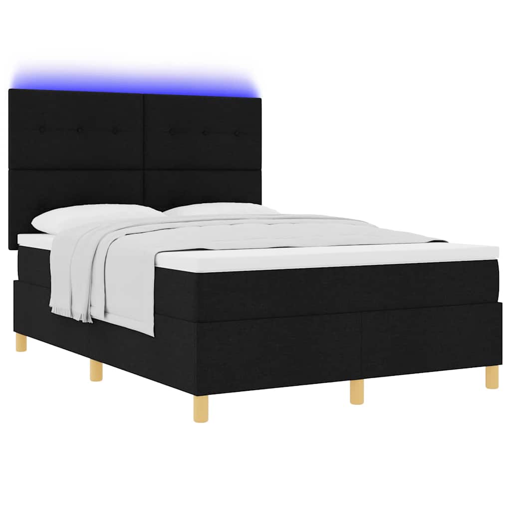 LED Box Spring Krevet s madracem Crna 140 x 200 cm tkanina