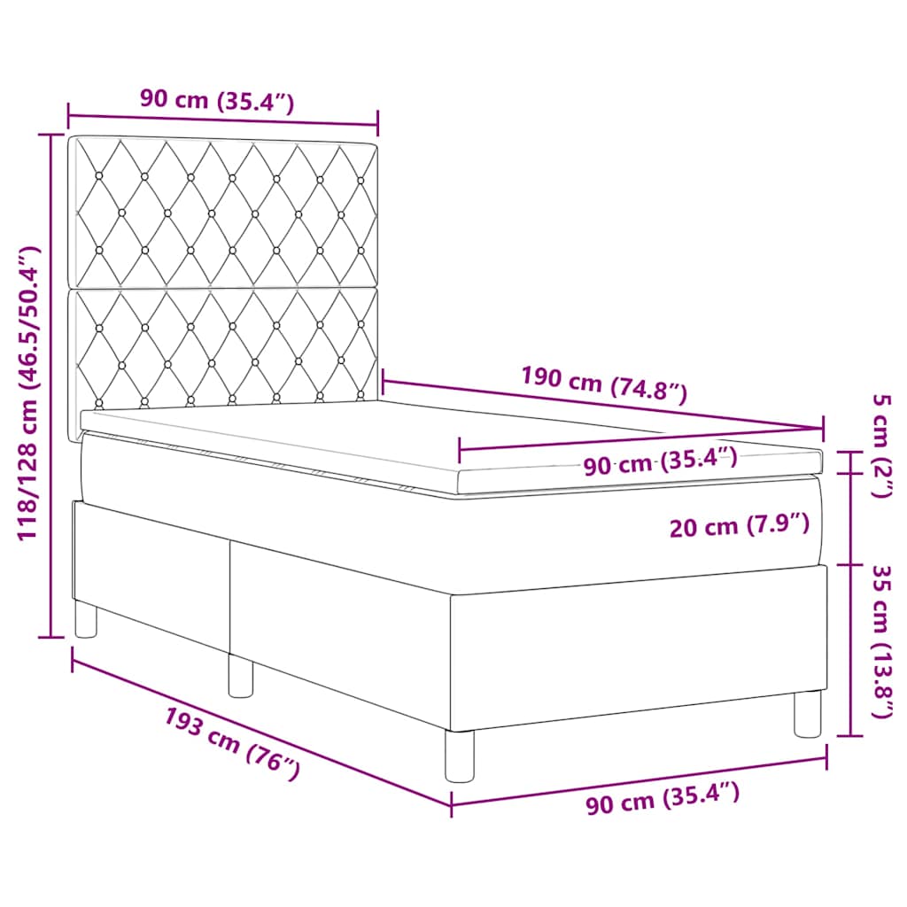 LED Box Spring Krevet s madracem Tamno siva 90 x 190 cm Baršun