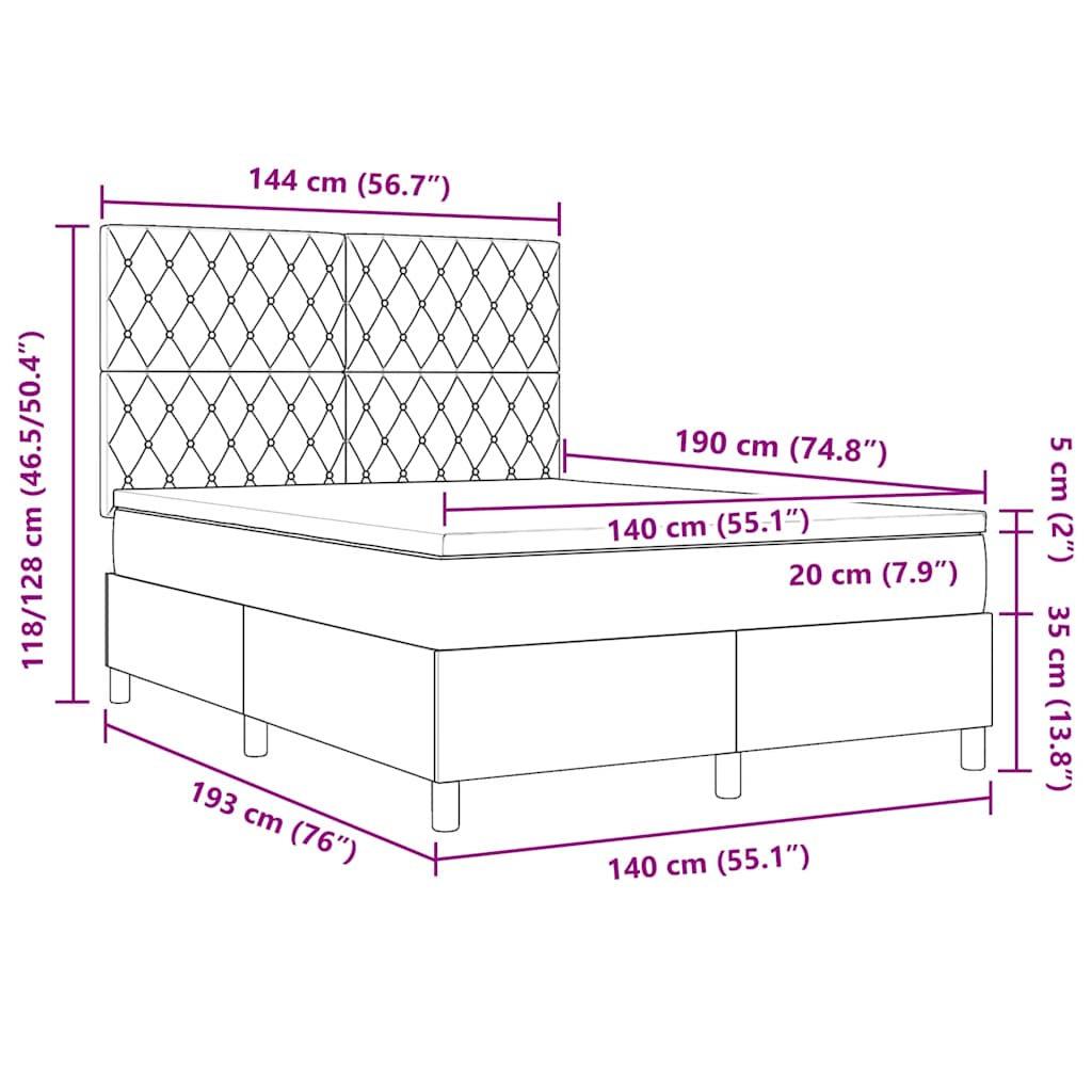 LED Box Spring Krevet Tamno plava 140 x 190 cm Baršun