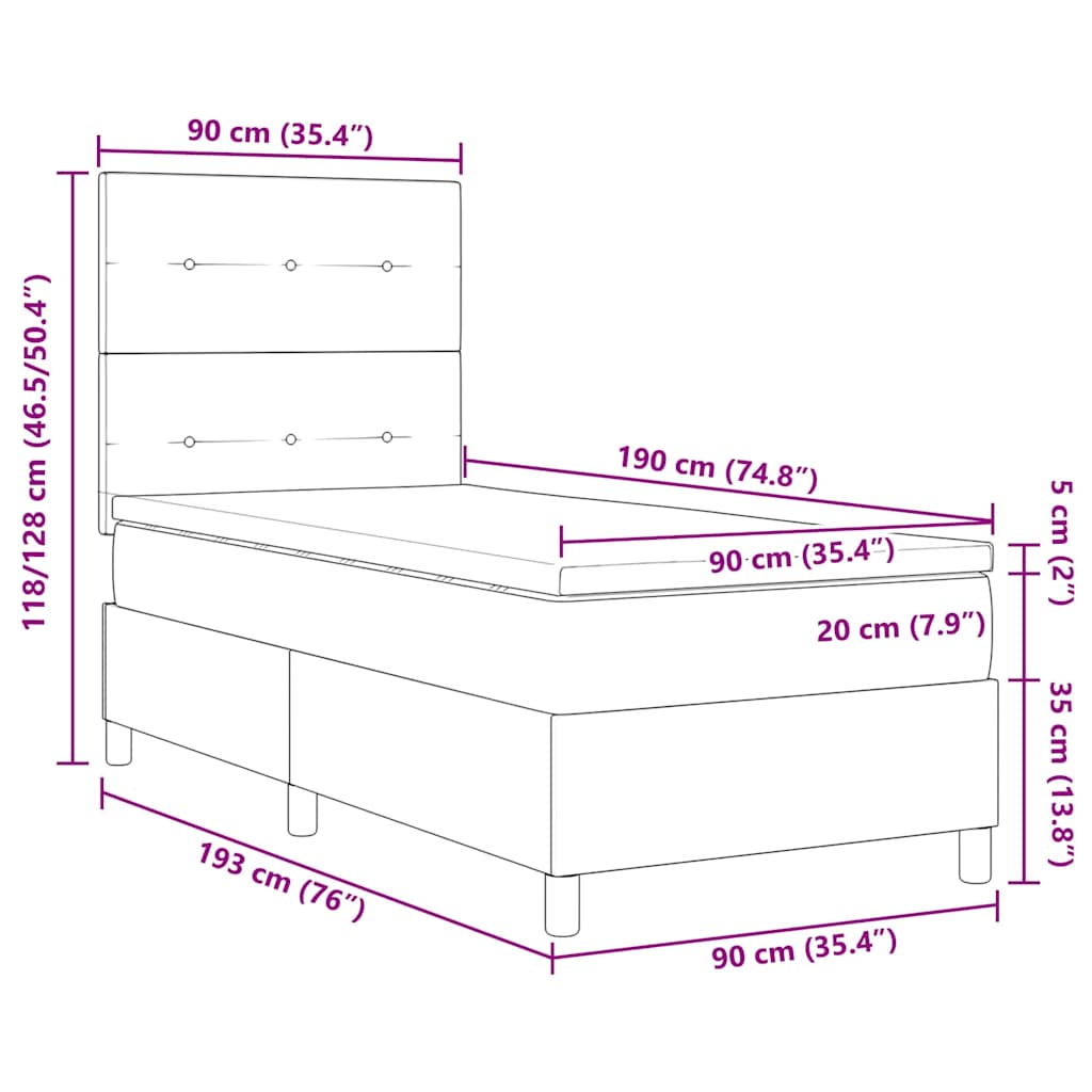 LED Box Spring Krevet Tamno siva 90 x 190 cm Baršun