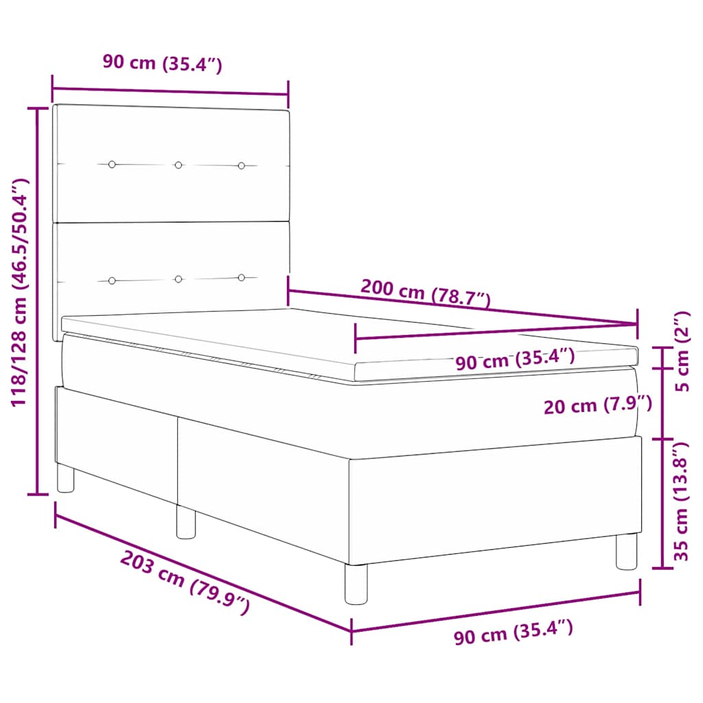 LED Box Spring Krevet s madracem Tamno siva 90 x 200 cm Baršun