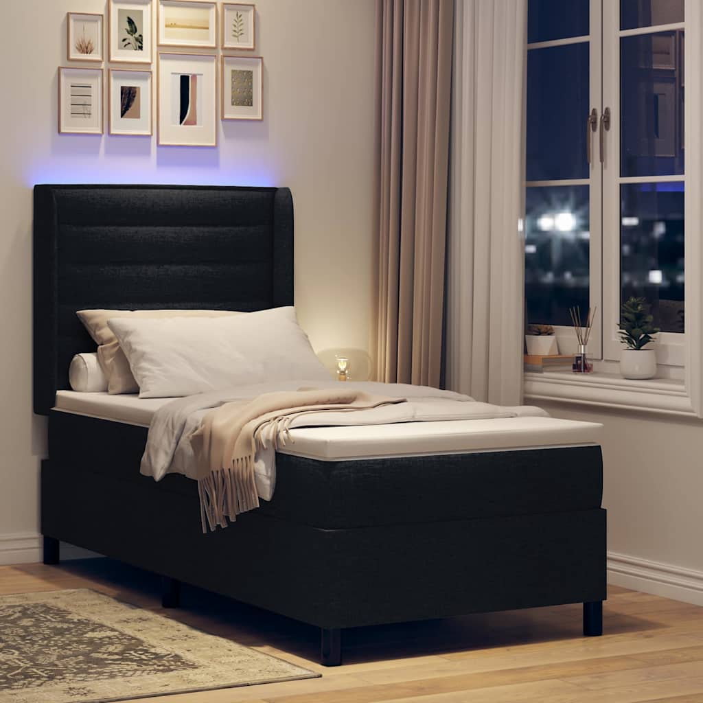 LED Box Spring Krevet s madracem Crna 90 x 200 cm tkanina