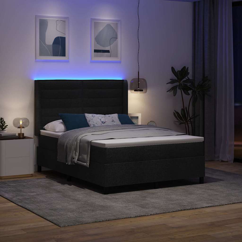 LED Box Spring Krevet s madracem Crna 140 x 190 cm tkanina