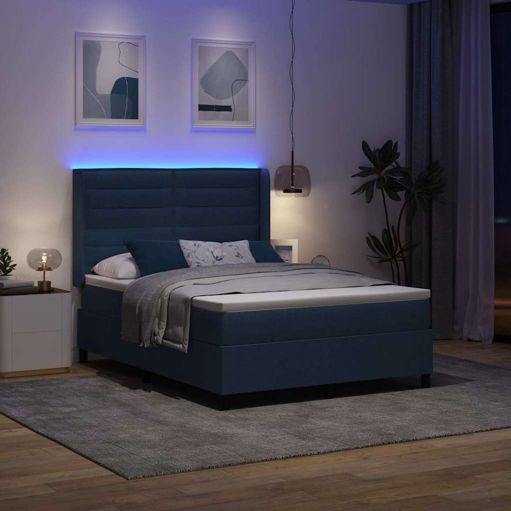 LED Box Spring Krevet s madracem Plava 140 x 200 cm tkanina